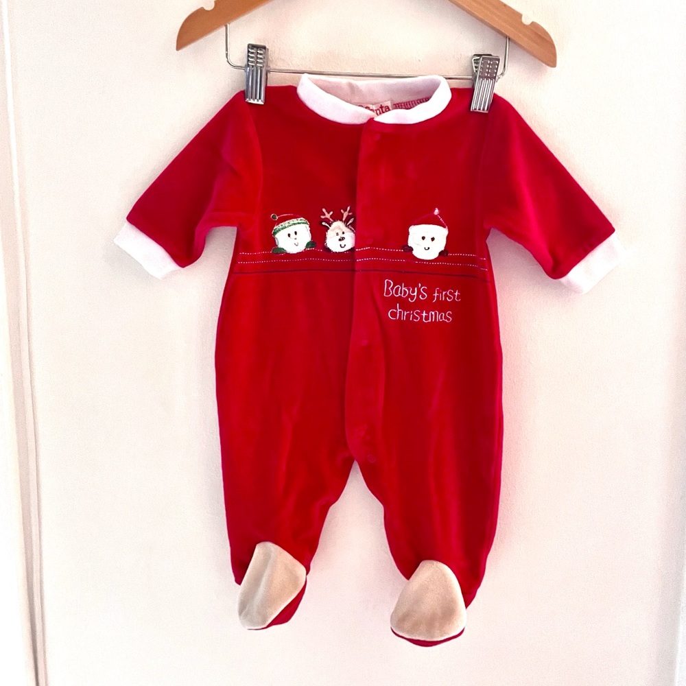 Vintage 1st Christmas Footie Onesie, Red Velour, Santa & Reindeer Embroidery